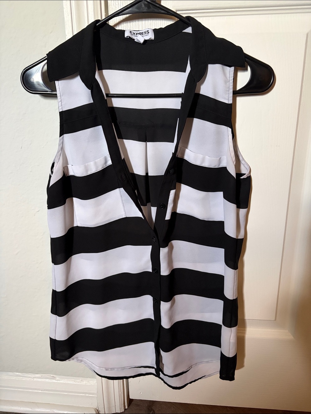 Express Black and White Horizontal Stripe Sleeveless Button-Front Top